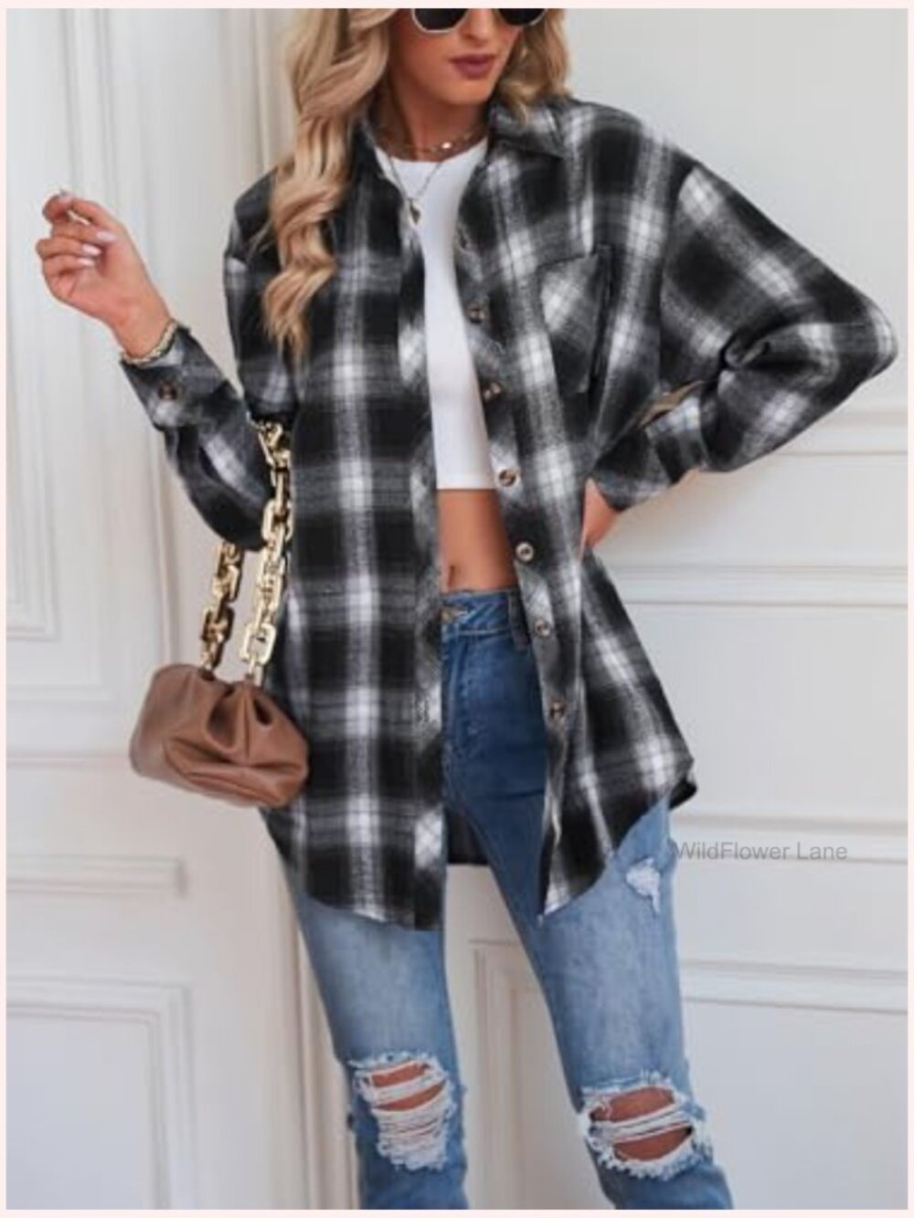 Oversized Plaid Button Down Flannel Shacket Long Sleeve Casual Blouse Top - Picture 6 of 7